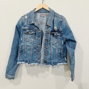 Just USA Boutique Women Distressed Blue Staircase Hem Jean Jacket Button Up-Med